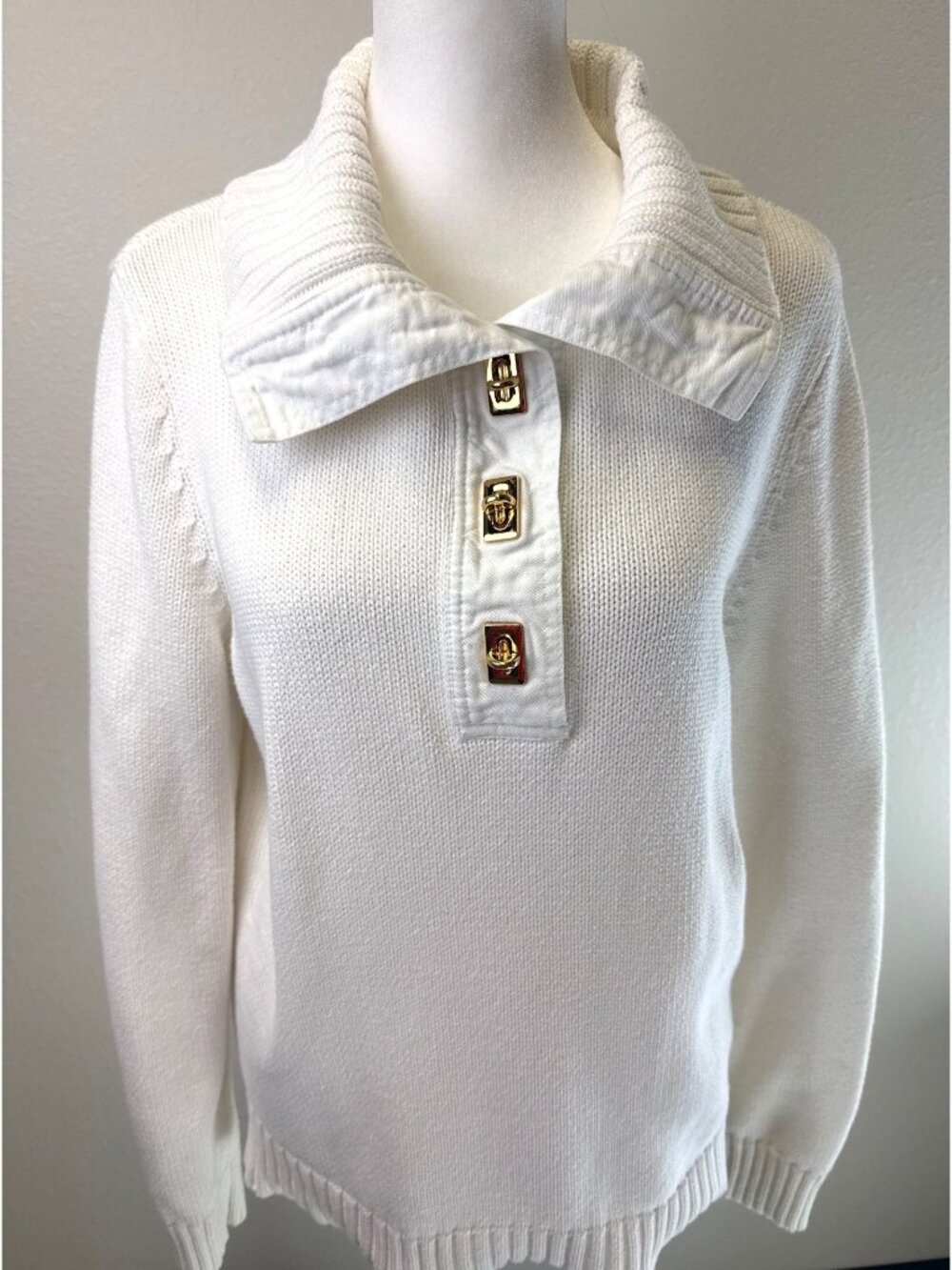 LRL White Knit Pullover Sweater Gold-Tone Button Accents Ribbed Trim Large
